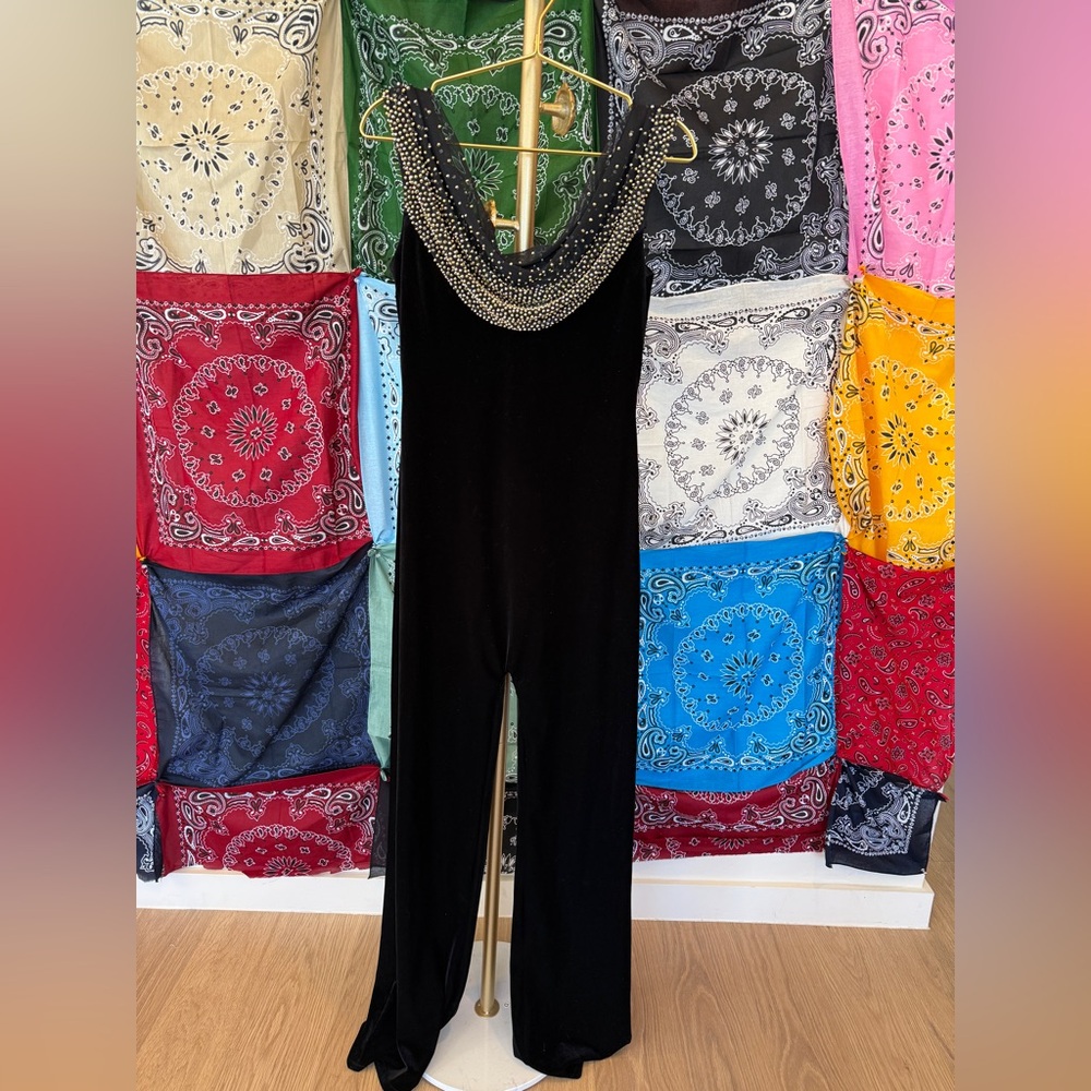 Cachet Black Jumpsuit with‎ Embellished Neckline